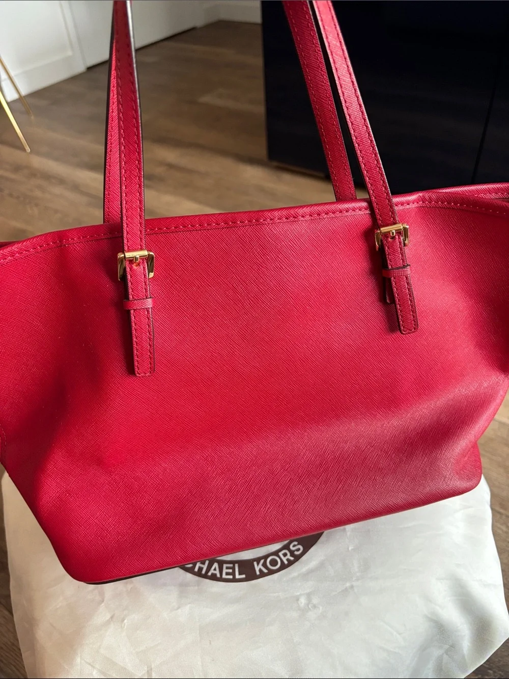 Michael Kors Red Saffiano Tote with Gold Logo Charm